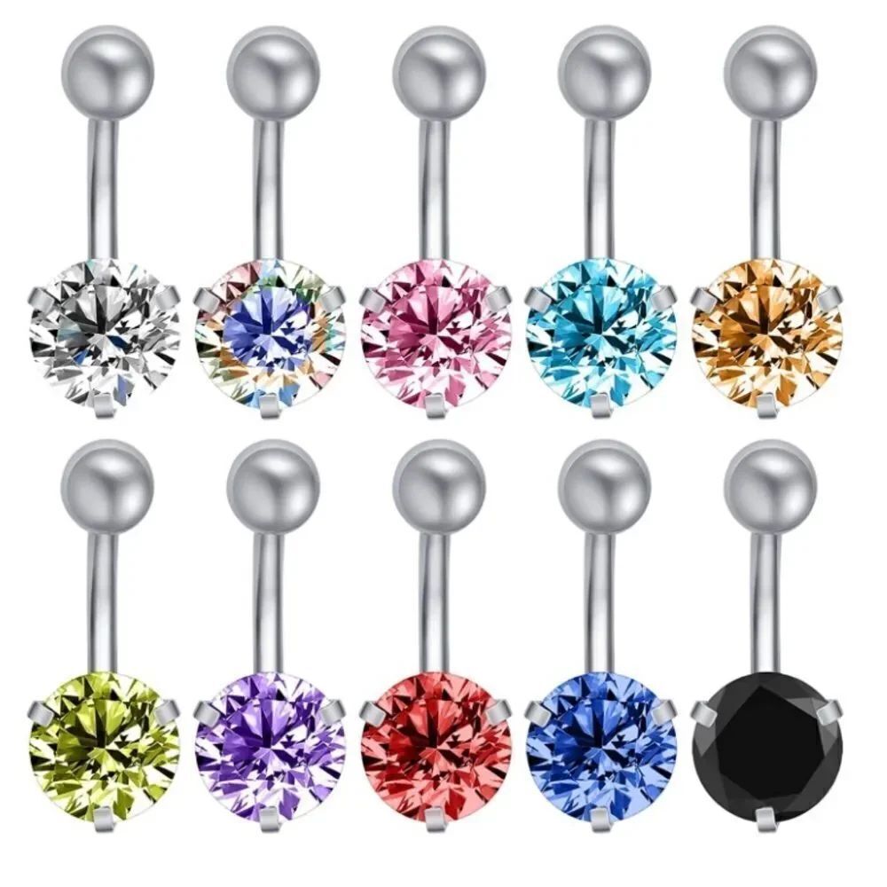 14G 316L Round Cubic Zirconia Barbell Belly Button Navel Rings - Set of 10